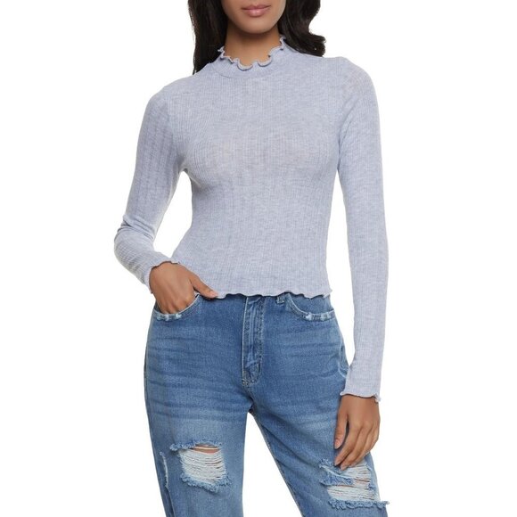 NWT Ambiance Lettuce Edge Mock Neck Top - Heather Gray Size Medium‎ - Picture 1 of 6